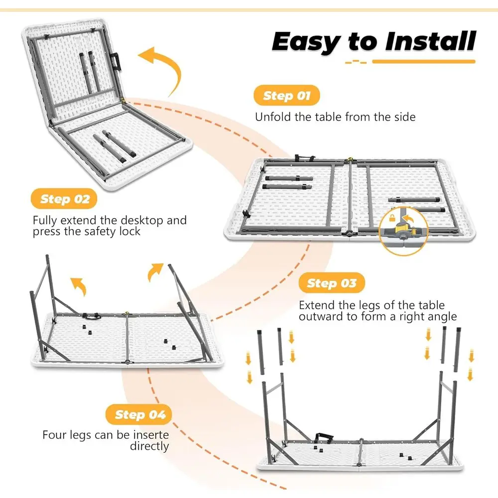 Compact 4ft Folding Table, White Plastic Outdoor/Indoor Dining, Portable Utility Table for Camping, Picnics, Parties