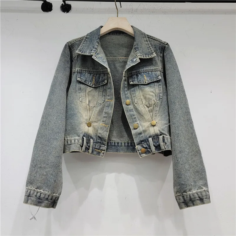 Autumn Vintage Washed Light Blue Short Denim Jacket Women Button Decoration Lapel Long Sleeve Casual Female Jeans Jacket Coat