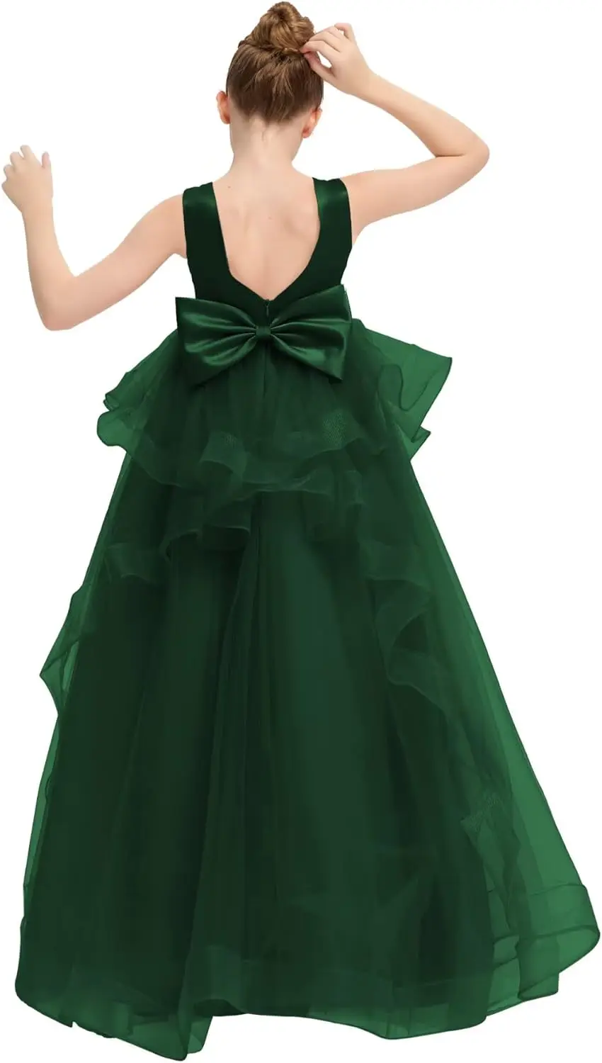 V 백 플라워 걸 드레스 튤 파티 드레스 소녀용 진주 프린세스 퍼프 생일 파티 프로무 드레스 소녀용 드레스