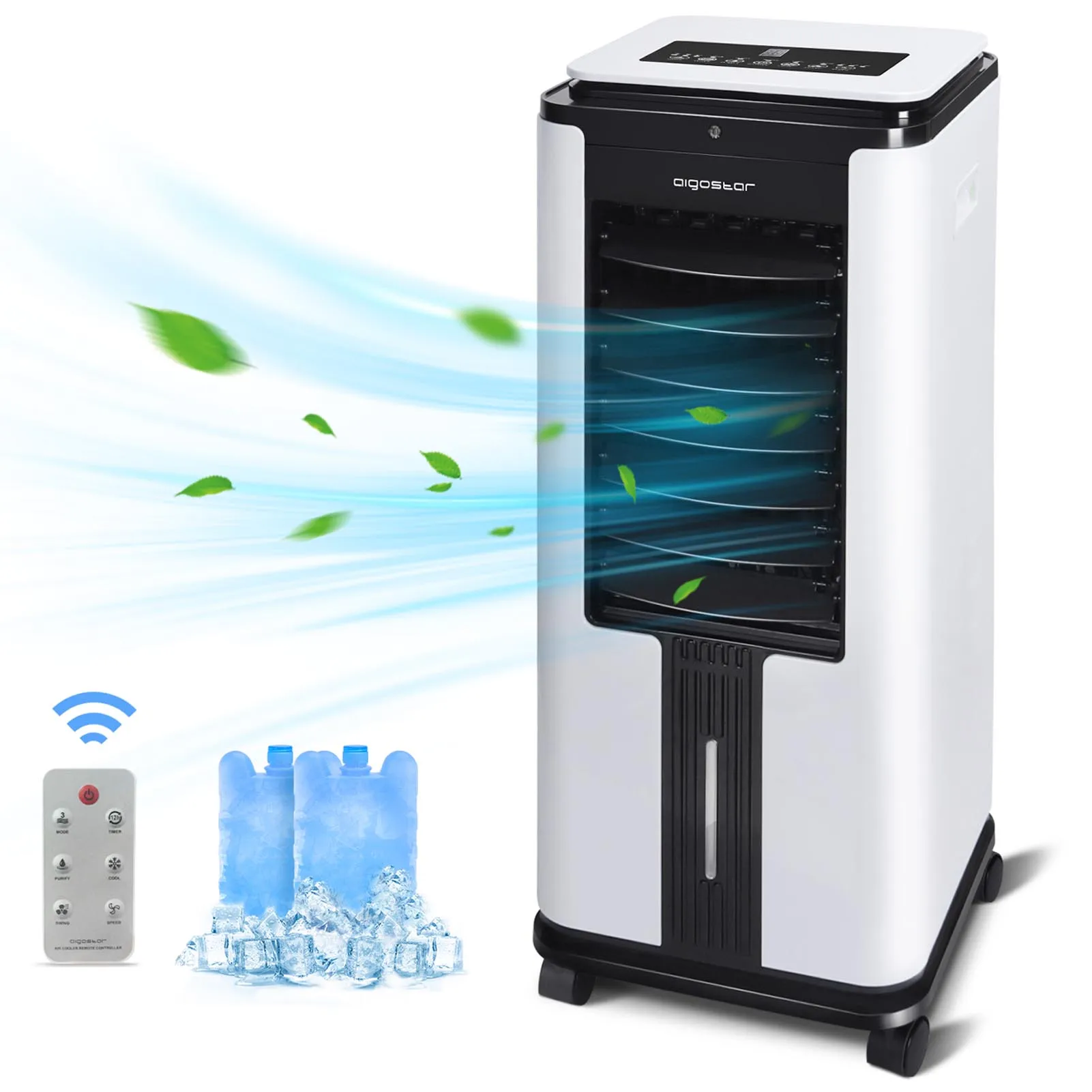 Aigostar Elsa-air cooler with remote control. 75W, 3 modes, ideal for 35 m². Timer 12 hours, 8L tank. Refrigerant blocks included. Black and white.