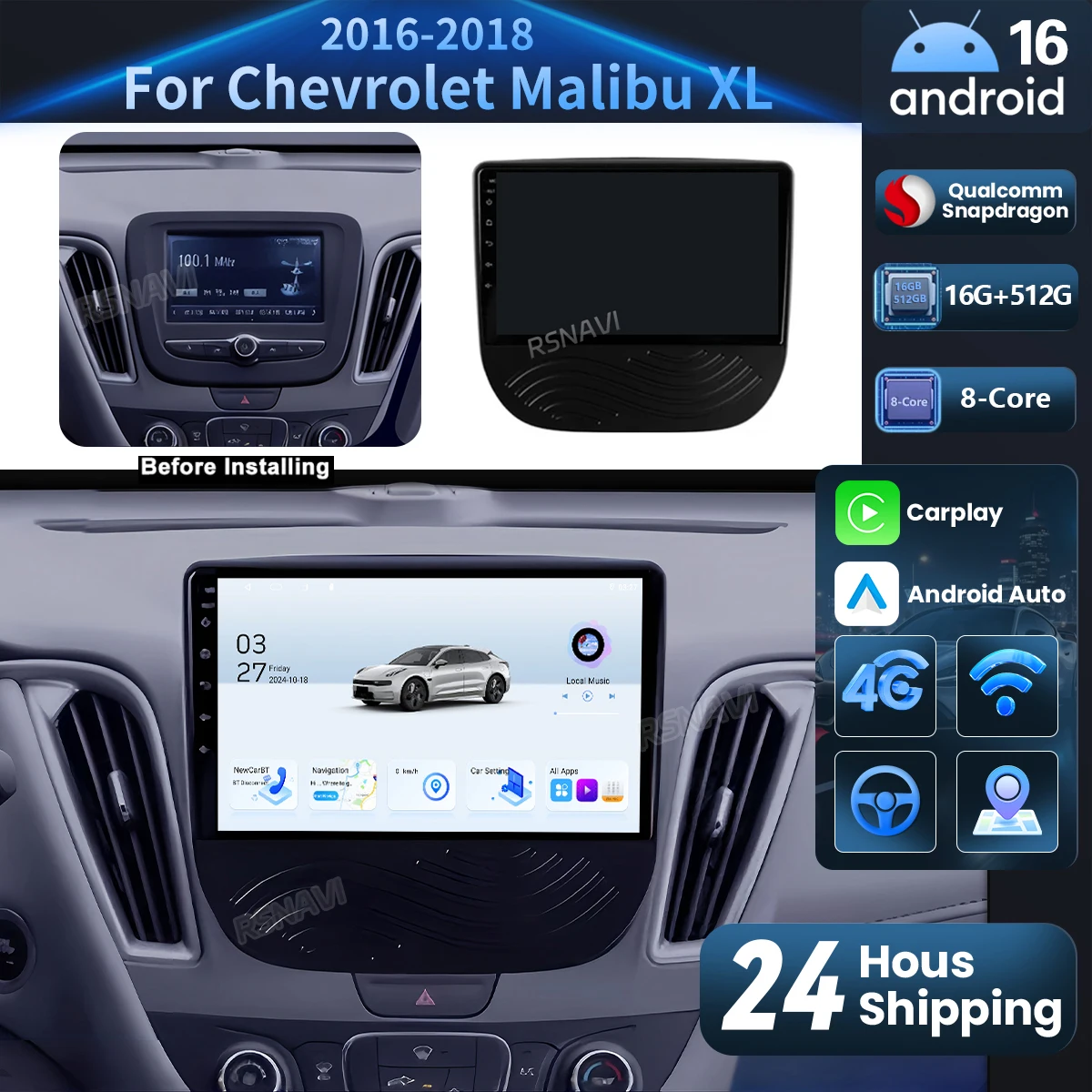 Radio Multimedia para Auto con Pantalla 2K y Android 16 Carplay para Chevrolet Malibu XL 2016-2018, DSP Qualcomm Stereo 16G-512G