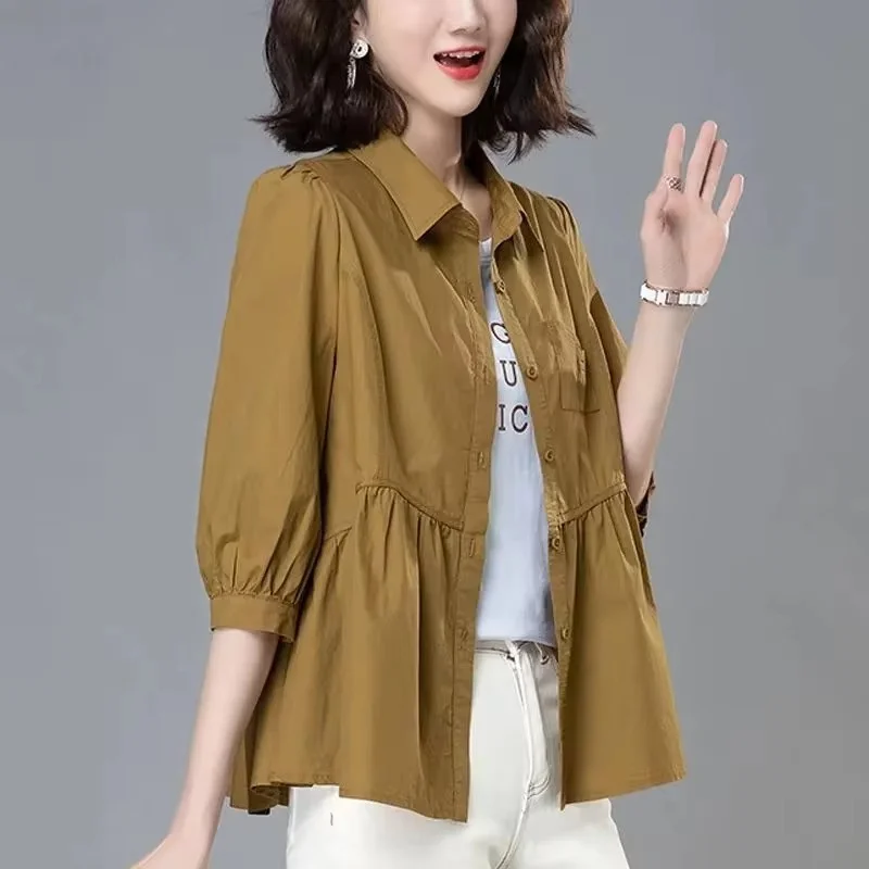 High-Quality Korean Short Solid Color Shirt Women Spring Summer New Fashion Three-Quarter Sleeve Loose Blouse Female Shirts Top