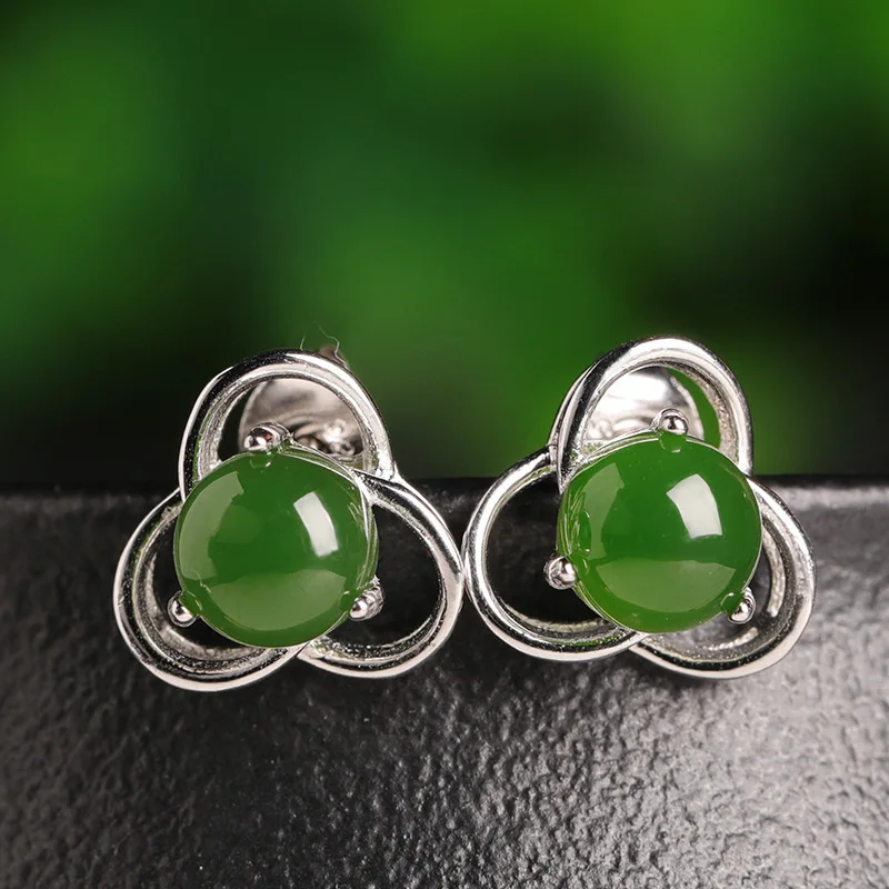 GL Jade Earrings for Women, Green Jade Flower Earrings, New Style 925 Sterling Silver Inlaid Hetian Jade Earrings