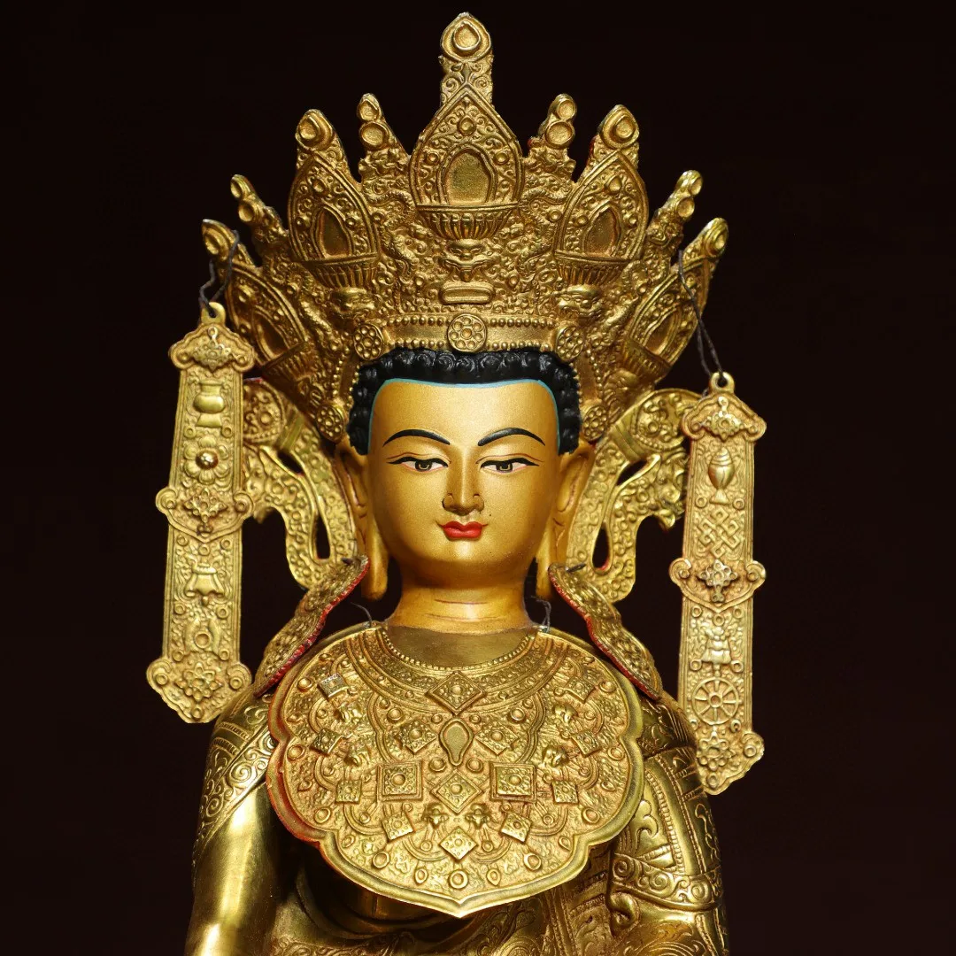 Tibetan Brass Gilt Painting Face Awakening Tara Guanyin Gem Buddha Statue Ornament Home Buddhist Hall Supplies 38cm