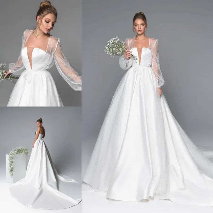 Amazing A Line Satin Wedding Dresses With Long Sleeves Jacket Sheer Plunging Neck Bridal Gowns Sweep Train robe de mariée