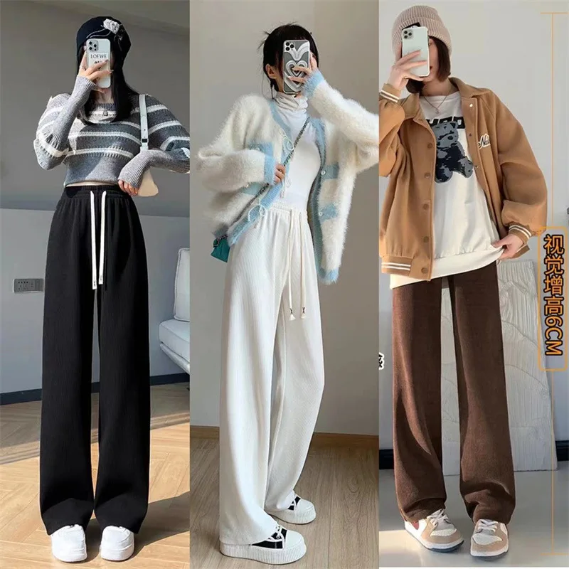 

Women Plush Pants Warm Straight Corduroy Trousers High Waist Casual Korean Fashion Female Wide Leg Pants