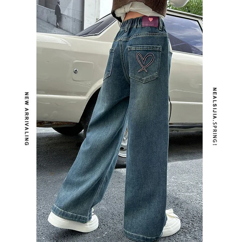Wide Leg Jeans for Girls Spring Autumn Loose Vintage Straight Retro Pants Fashion Teenage Kids Trousers 6 8 9 10 11 12 14 Years