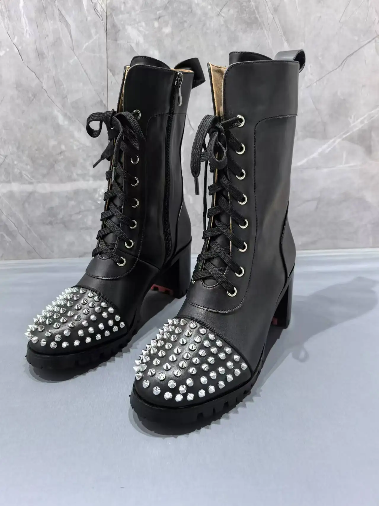 Rivet Buffed Calfskin Boots Round Toe Studded Matte Leather Black Lace Up Booties Low Heel Zipper Ankle Biker Boots Fall Winter