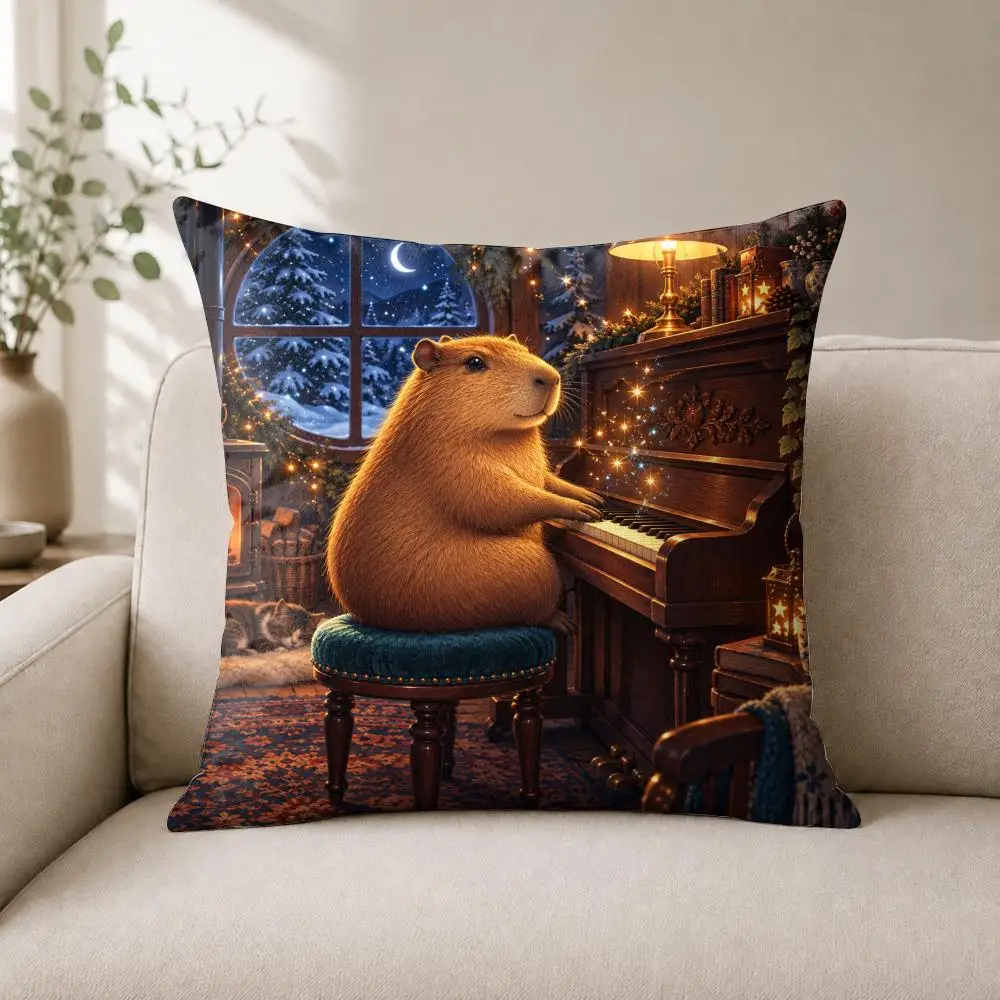 Cozy Capybara Fireside Tales Cushion Cover Luxury Soft Plush Short Fur Cushion Case Warm Cozy Sofa Bed Decorative Home