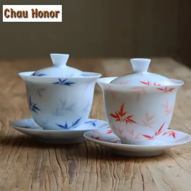 

160ml Jade Mud White Porcelain Hand Painted Sancai Gaiwan Handmade Household Kung Fu Tea Set Tea Ceremony Accessories Drinkware