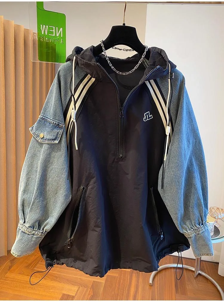 Tallas grandes 300 Pou Denim Patchwork f cremallera Sudadera con capucha Jaet mujeres primavera otoño Top adelgazante suelto
