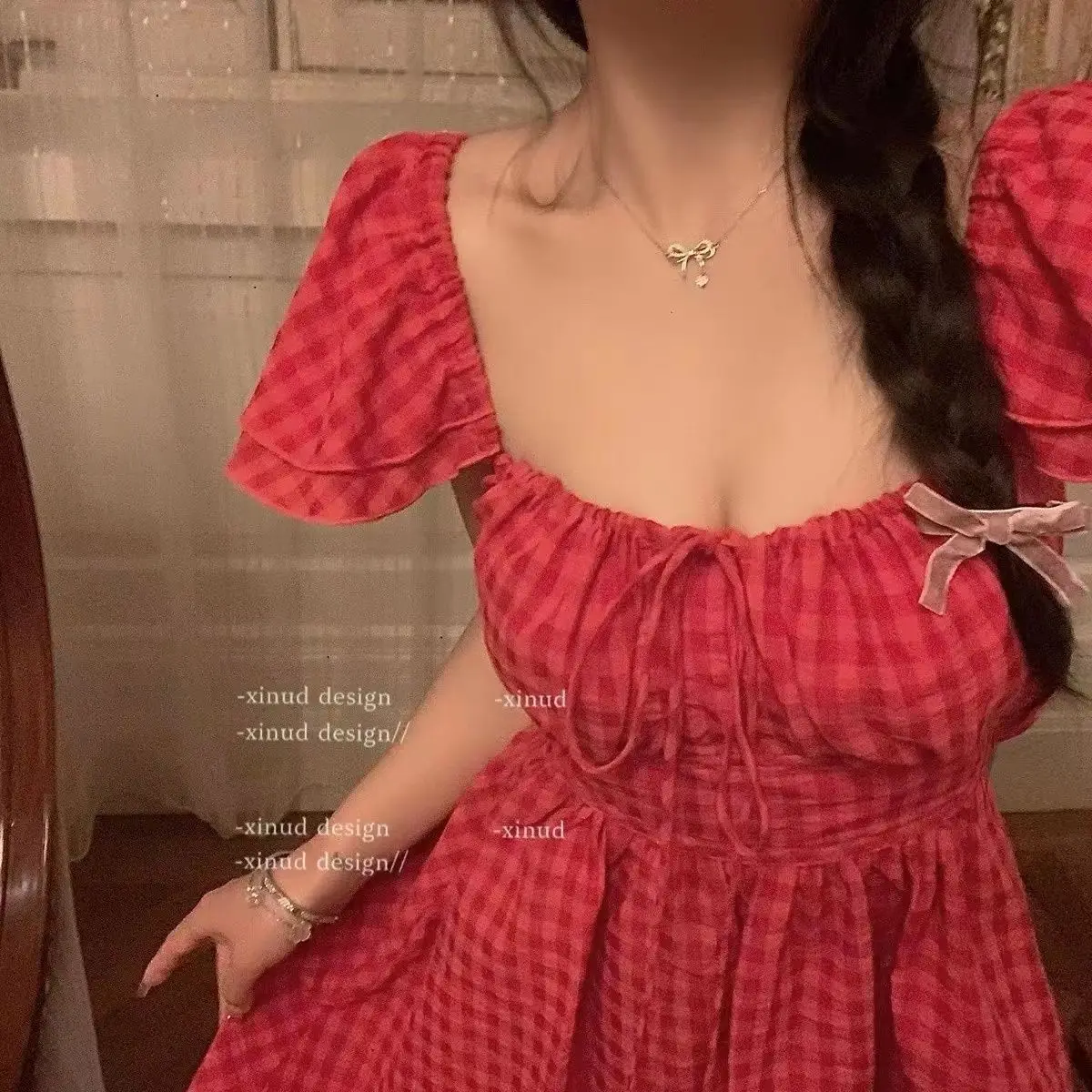 Vestidos de manga curta das mulheres nos anos 50 primavera gaze frisado em camadas puff manga império cintura fofo mori menina cottagecore elegante