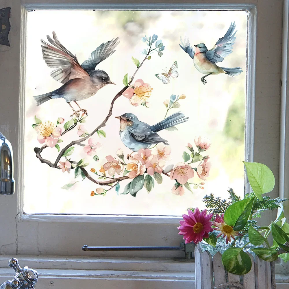 1PCS Peach Blossom Twig Bird Glass Window Home Landscaping Decoration Electrostatic Uv Window Sticker Full Body Mirror