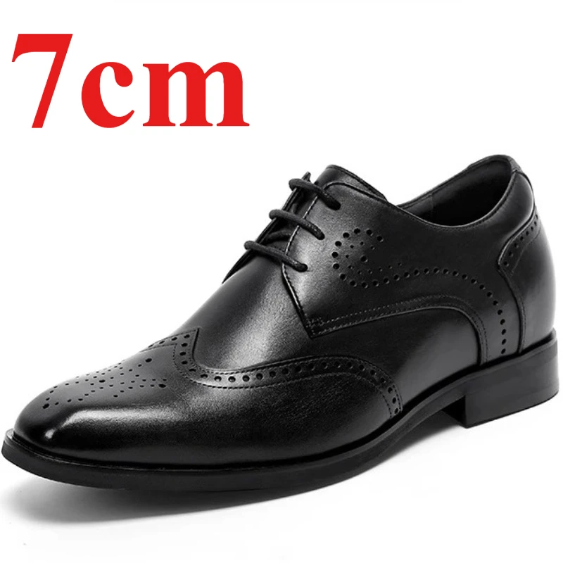Brock Engraved Cowhide Height-increasing Casual Shoes for Men's Dress Shoes Increase 7cm Elevated Breathable Wedding Derby Shoes