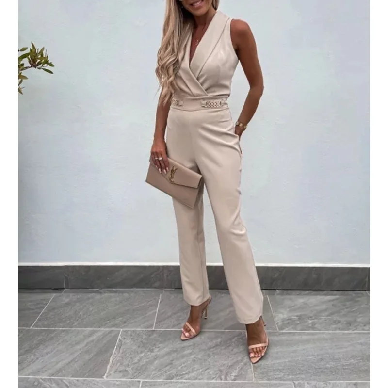 

Women's Sexy Skinny Sleeveless Long Jumpsuit Temperament Commuting Solid INS Woman Metal Decor Fashion Backless Jumpsuits