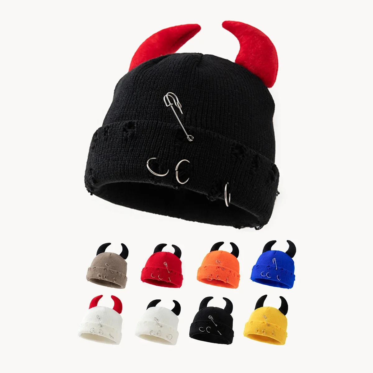 Little Devil Horn Safety Pin Knitted Hat Men's Women's Autumn Winter Warm Cap Broken Hole Decoration Landlord Style