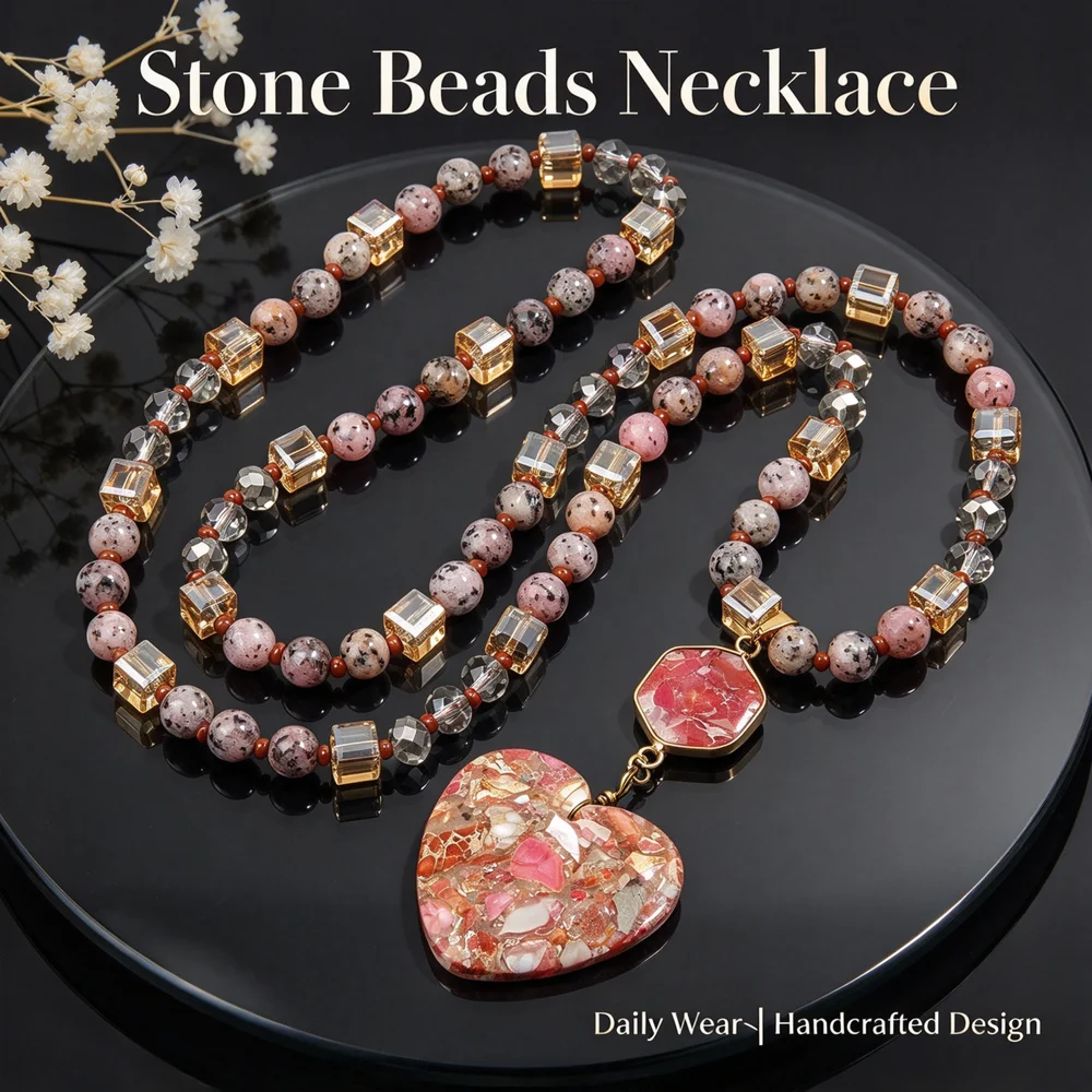 Handmade Composite Stone Beaded Statement Necklace For Women Heart Pendant Bohemian Daily Wear Neck Jewelry