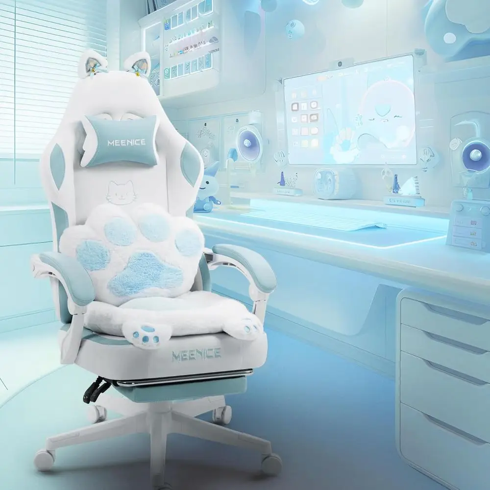 

Эргономичное игровое кресло Aqua Blue с кошачьими ушками, поясничной поддержкой и подставкой для ног для взрослых весом до 300 фунтов