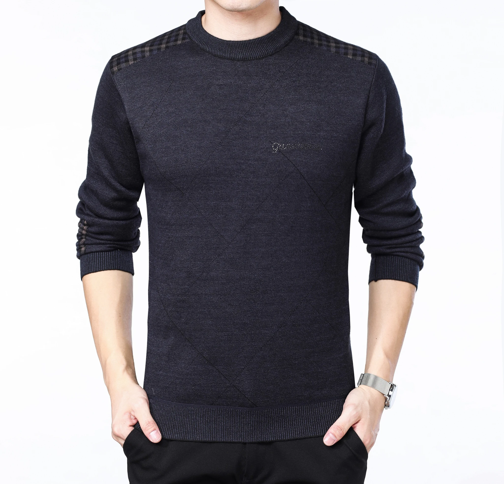 Men\'s Autumn Winter Casual Color Block Crew Neck Knit Sweater, High Stretch Knit Fabric Pullover