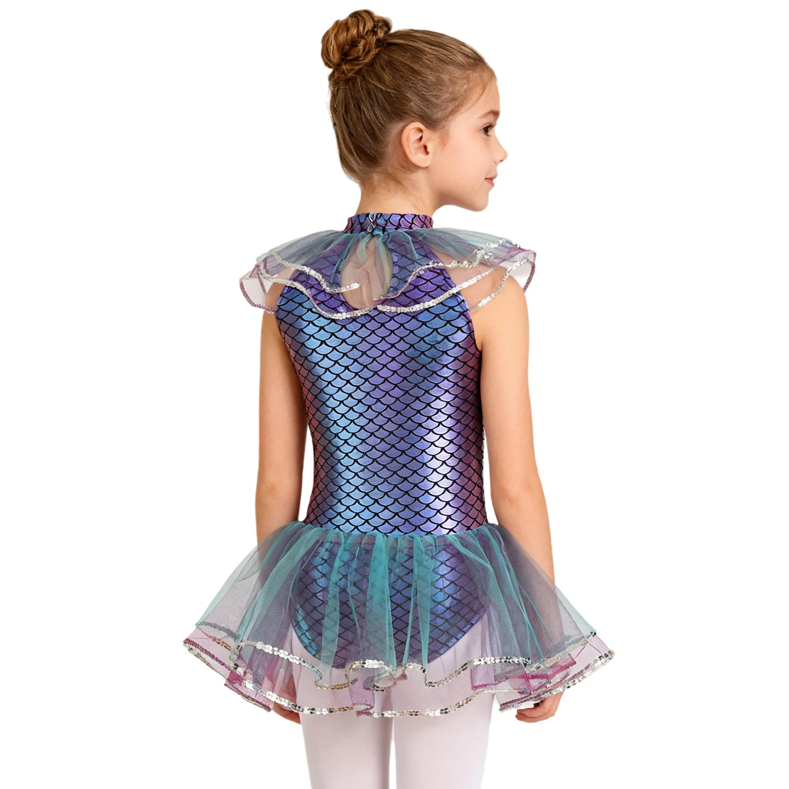 Kids Girls Halloween Carnival Mermaid Cosplay Costume Sleeveless Mermaid Princess Fish Scales Print Bodysuit with Arm Sleeves - Image 2