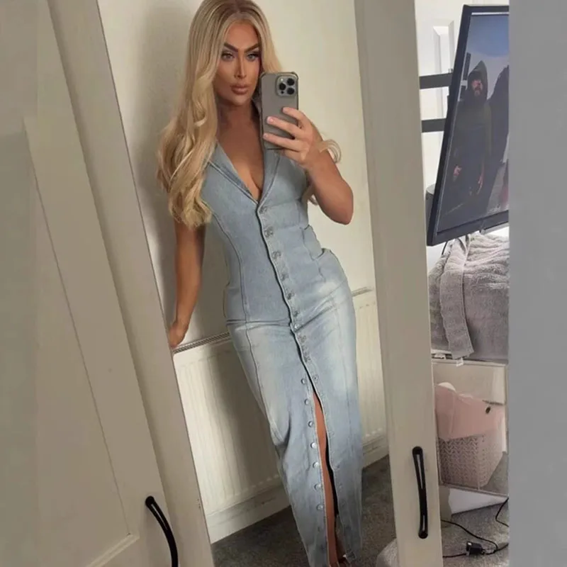 2025 nuevo vestido largo de mezclilla para mujer Sexy con cuello en V ajustado Maxi Vestidos femeninos sin mangas de un solo pecho frente dividido Jean Vestidos