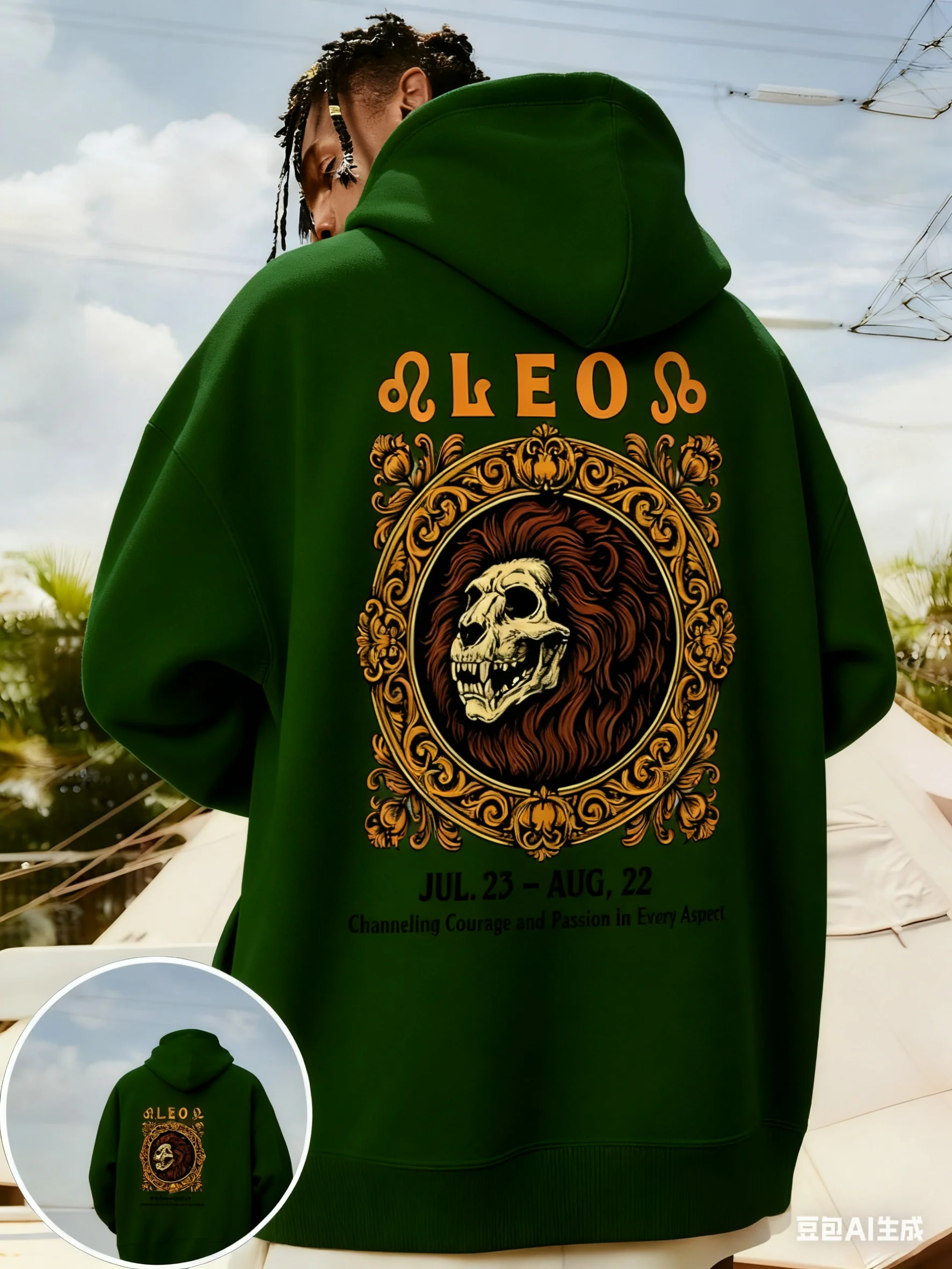 سويت شيرت بقلنسوة رياضي برسومات ليو زودياك لعام 2025 - بلوفر شتوي سميك مع رأس أسد ليو وحروف ليو #4