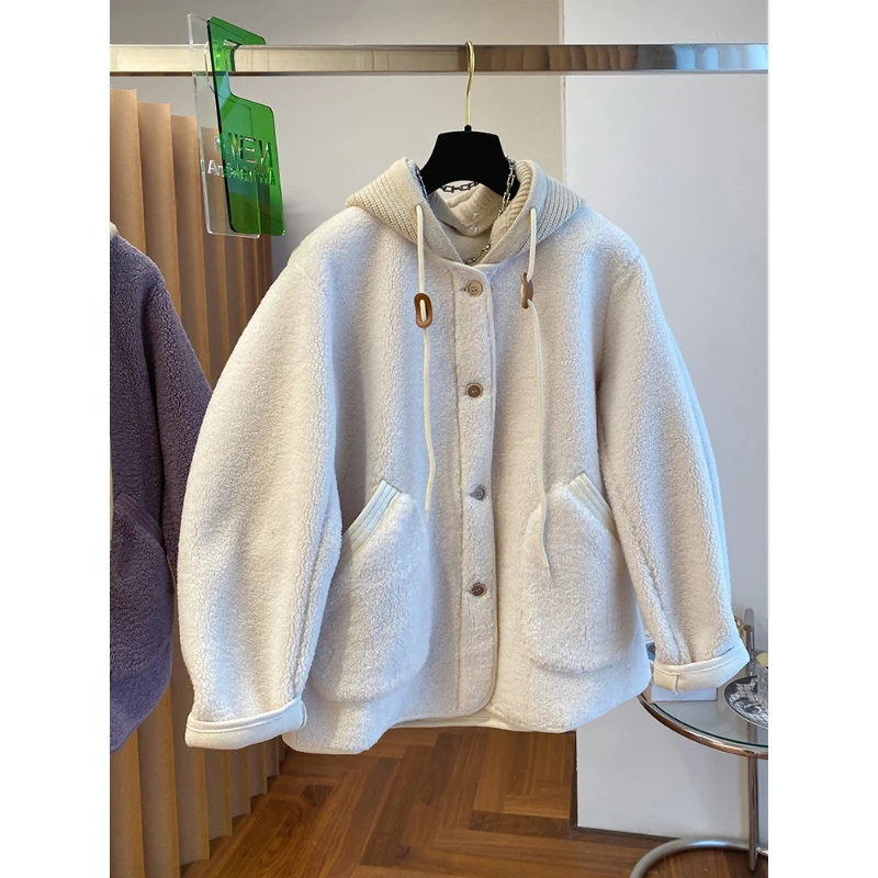 Korean Style Women's Lambswool Outerwear Solid Color Drawstring Hooded Cardigans Female Autumn Winter Thick Sweatshirts