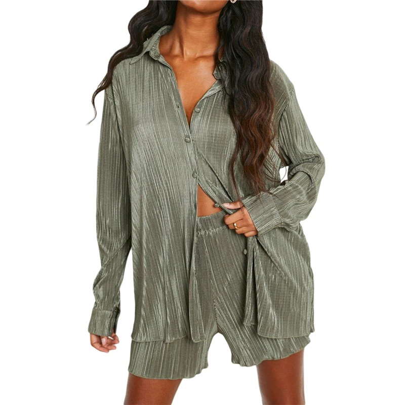 Pleated Shorts Set 2 Piece Outfits for Women 2000s Aesthetic Ruched Long Sleeve Button Down Shirt Tops and Shorts y2k Clothing