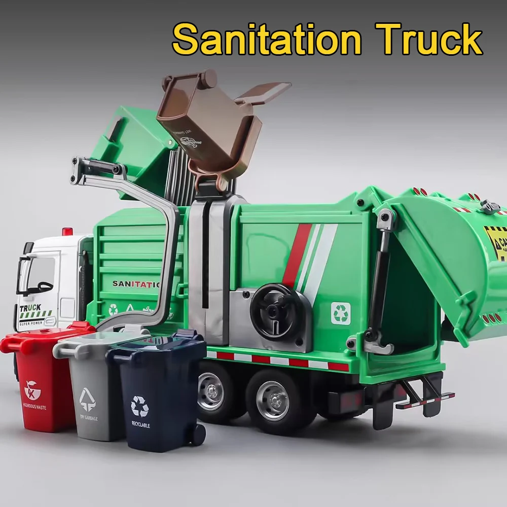 

1:32 санитарные мусорозащитные грузовики, модель автомобиля, игрушечный сплав, литой под давлением грузовик для полива, свет, звук, двери, открытый миниатюрный автомобиль, домашний декор