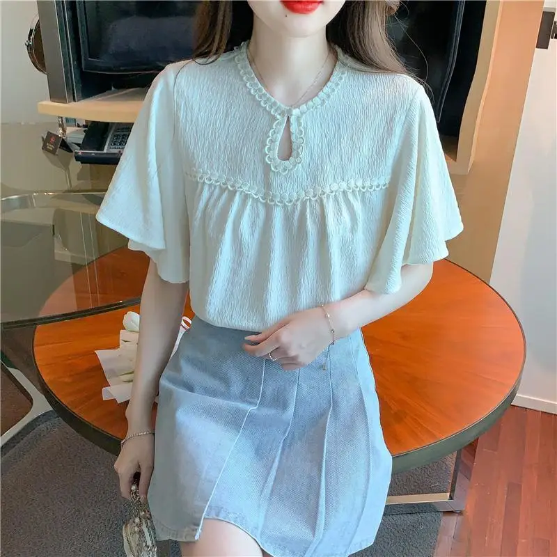 Sweet O-Neck Hollow Out Spliced Folds Butterfly Sleeve Blouses Female Clothing 2024 Summer New Loose Chic Tops All-match Shirts