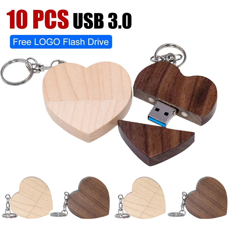 

10pcs Wooden Heart USB Flash Drive Memory Stick Pendrive 4gb 16gb 32gb 64GB Company Logo Customized Wedding Photography Gift