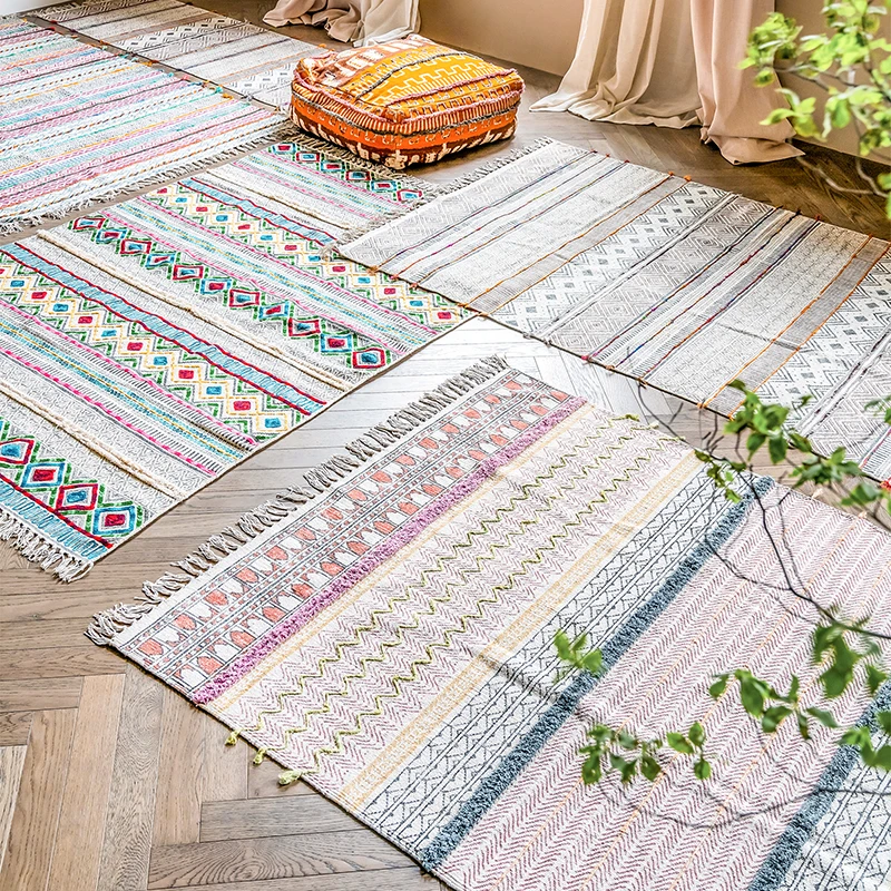 

Nordic Handmade Cotton Carpet Moroccan Sofa Living Room Rugs Tassel Bohemian Home Tapestry India Hand Woven Floor Mat