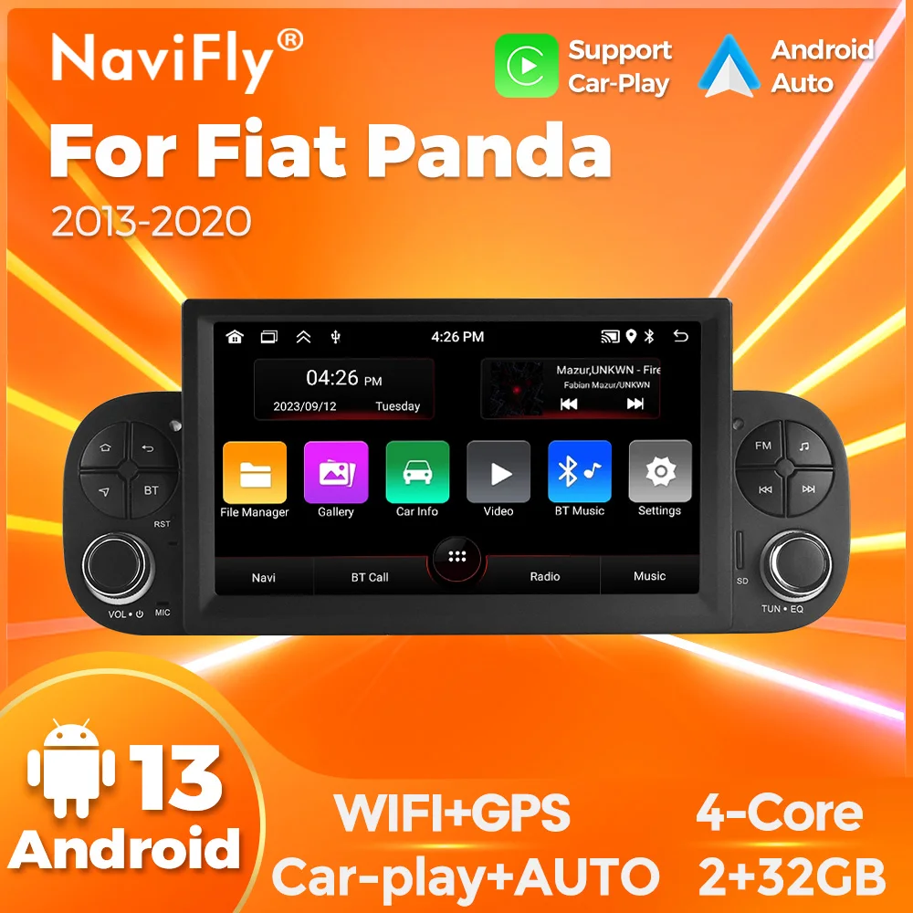 1 din Android car radio For Fiat Panda 2013-2020 Multimedia player Built-in Car-Play+Auto FM Radio support DAB+ TPMS rear camera