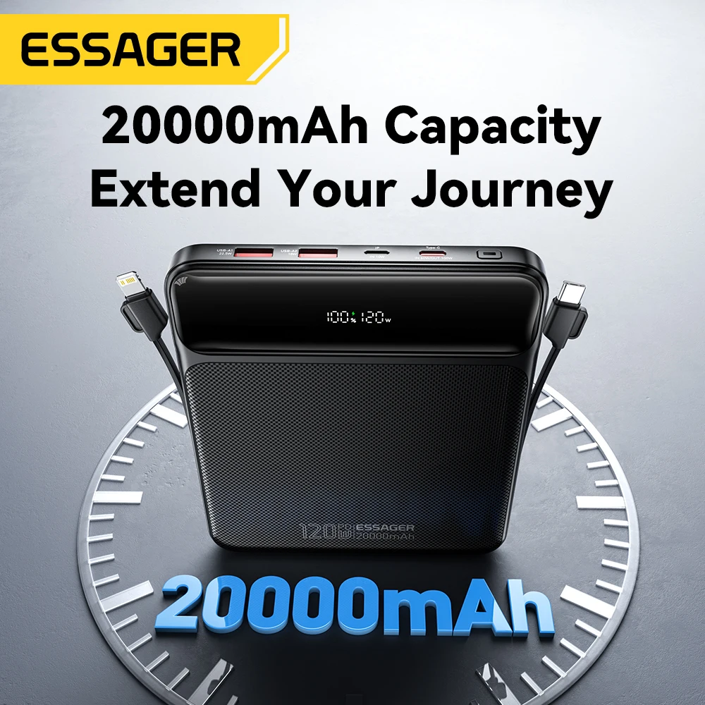 Essager 120W 20000mAh Güç Bankası, İki Dahili Kablolu 100W PD Hızlı Şarj iPhone 16 15 14 Pro Max iPad Macbook Dizüstü Bilgisayar