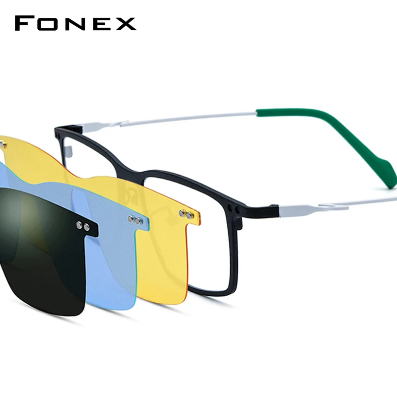 FONEX Pure Titanium Eyeglasses Men Square Eyewear Magnet Clip Flip-up Glasses Frames with Night Vision & Polarized 3D Lens 85796