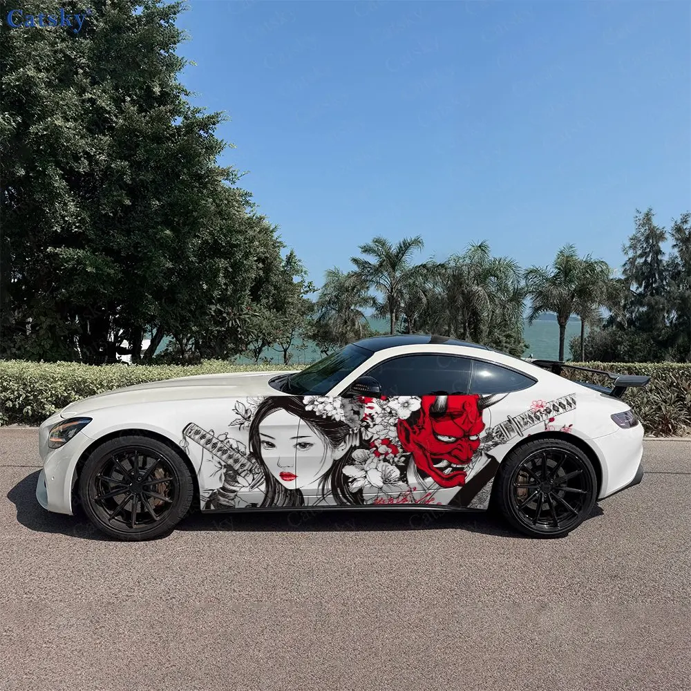 2pcs Red Splatter Style Samurai Maiden & Sakura Car Side Wraps, Self-Adhesive PVC Waterproof & Scratch-Resistant Stickers