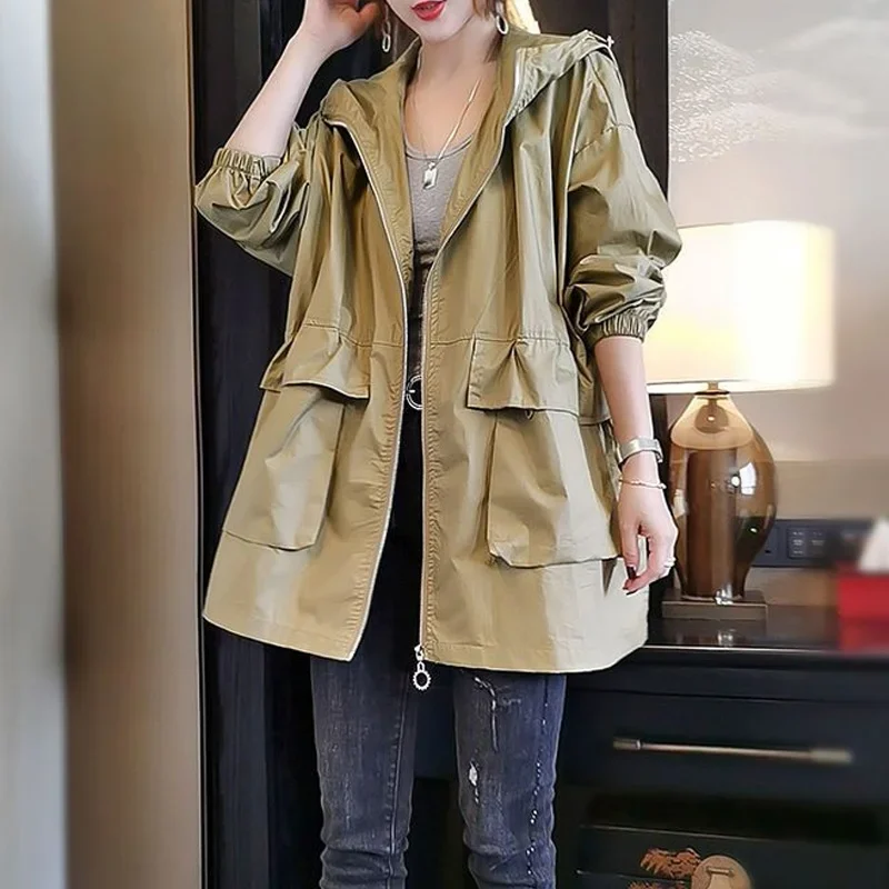 

New Spring and Autumn Fashion Trend Simple Commuting Loose Relaxed Solid Oversize Versatile Women's Hooded Windbreaker CoatZT308
