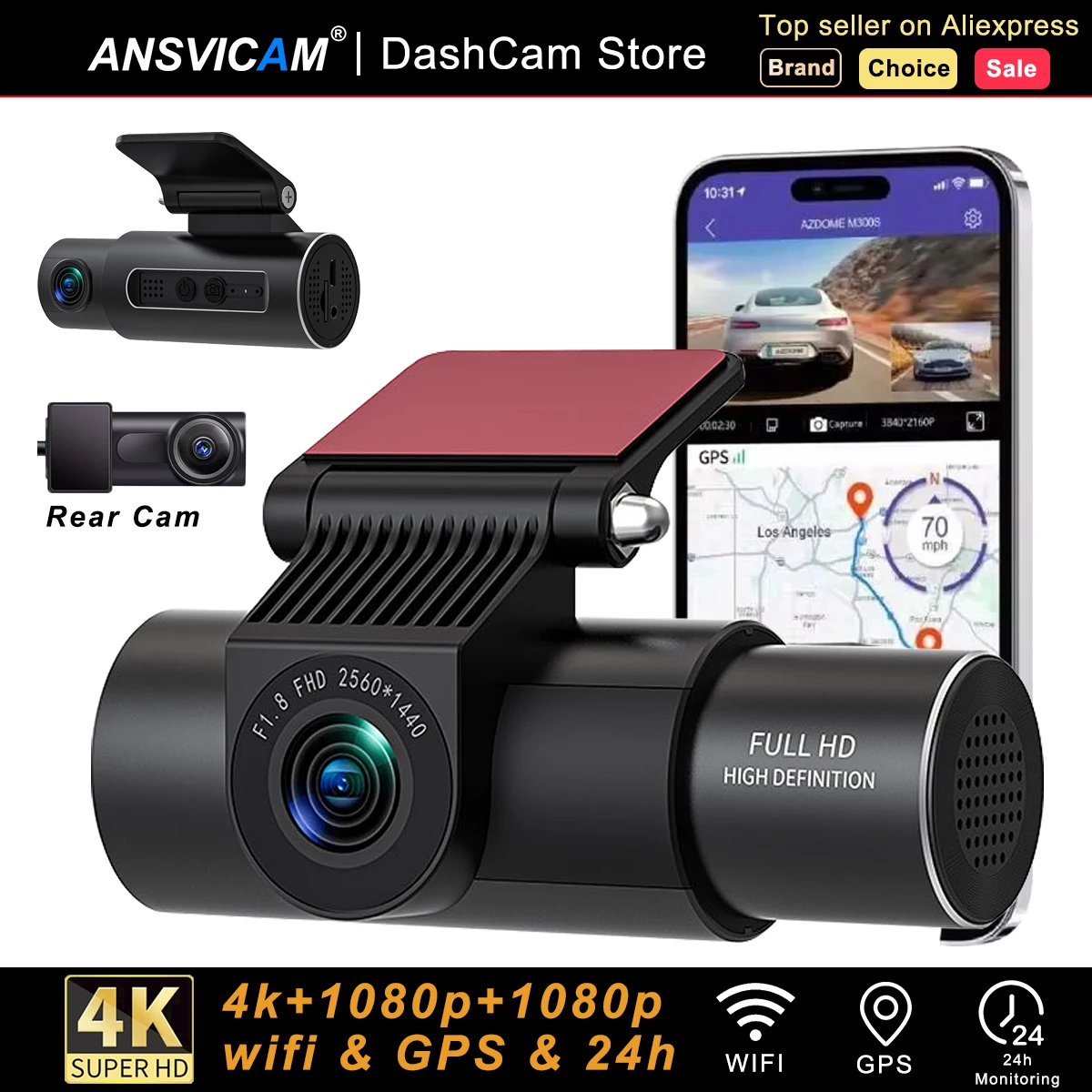 

ANSVICAM 4K Car DVR 3-Channel Dash Cam Front Inside Rear View GPS WIFI Black Box for Cars Video Recorder Camera Car Accessories
