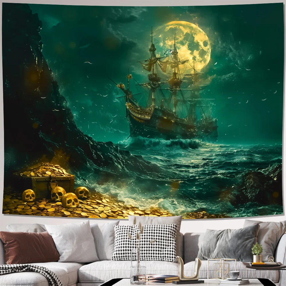 Fantasy Pirate Ship Tapestry 2D Digital Print Polyester Wall Hanging Living Room Bedroom Office Decor with Hooks