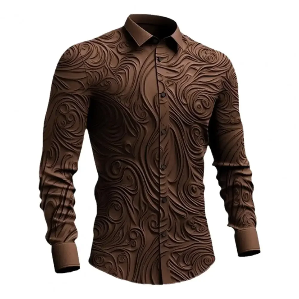 Camisa de tecido elástico masculina, slim fit, cor sólida, manga comprida, top formal, gola virada para baixo, impressão 3D, estilo retrô