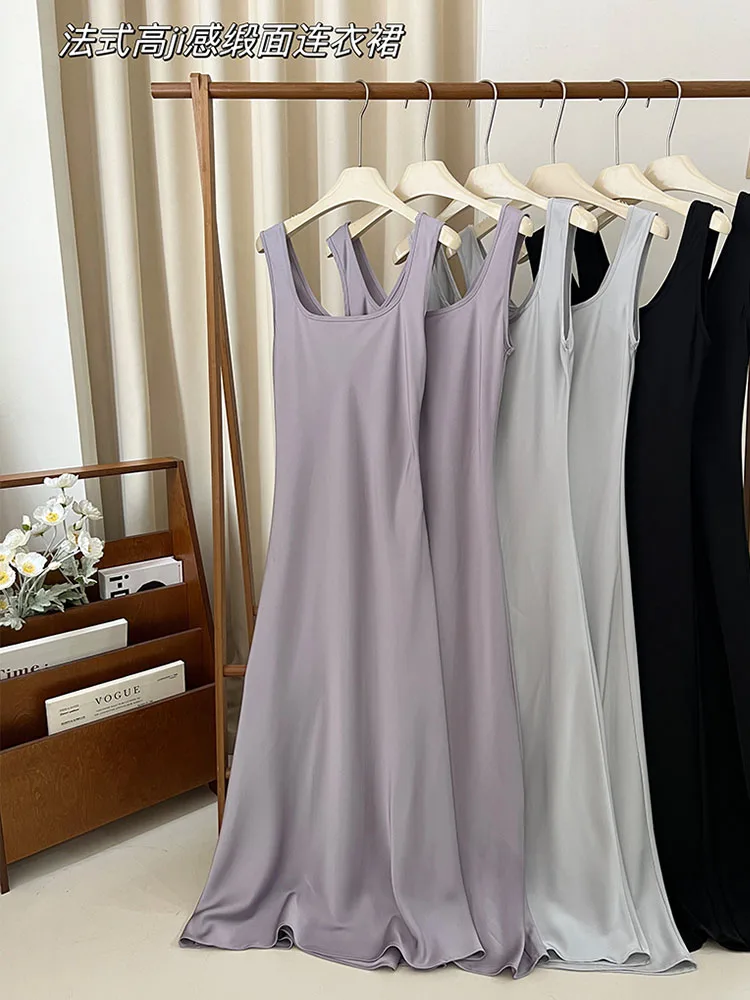 French Style Square Collar Sleeveless Straight Dress Women Simple Slim Camisole Dress Summer Elegant Sexy One-Piece Satin Frocks