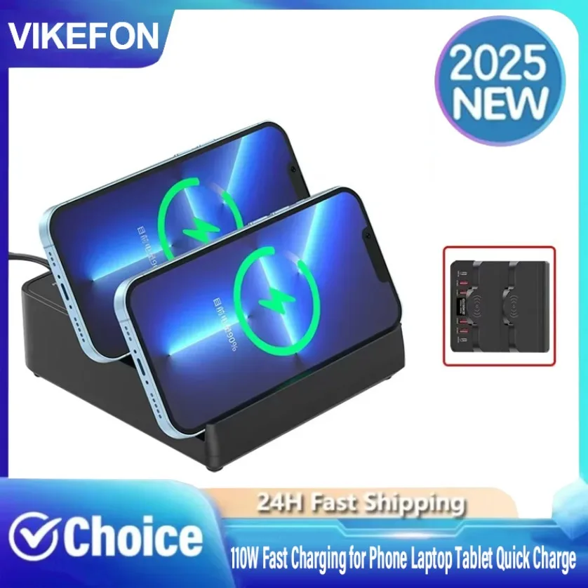 

110W Fast Charging Station 6-Ports USB PD QC3.0 Chargers Port Socket Dual Wireless Charging for Phone Laptop Tablet Quick Charge