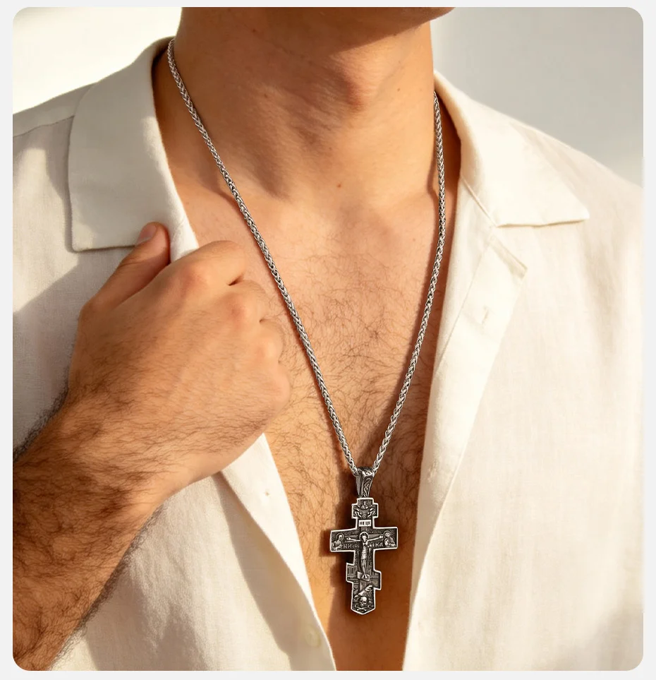 Vnox Herren Orthodoxe Kreuz-Halskette Edelstahl Russisches Jesus-Kruzifix-Anhänger Religiöses Amulett Kette Schmuck Geschenk für Ihn – Detail 3