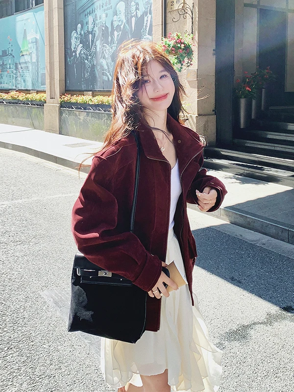 

Короткая женская куртка из замши цвета винного борона, повседневная, универсальная, весна-осень, новый стиль 2026, модная верхняя одежда