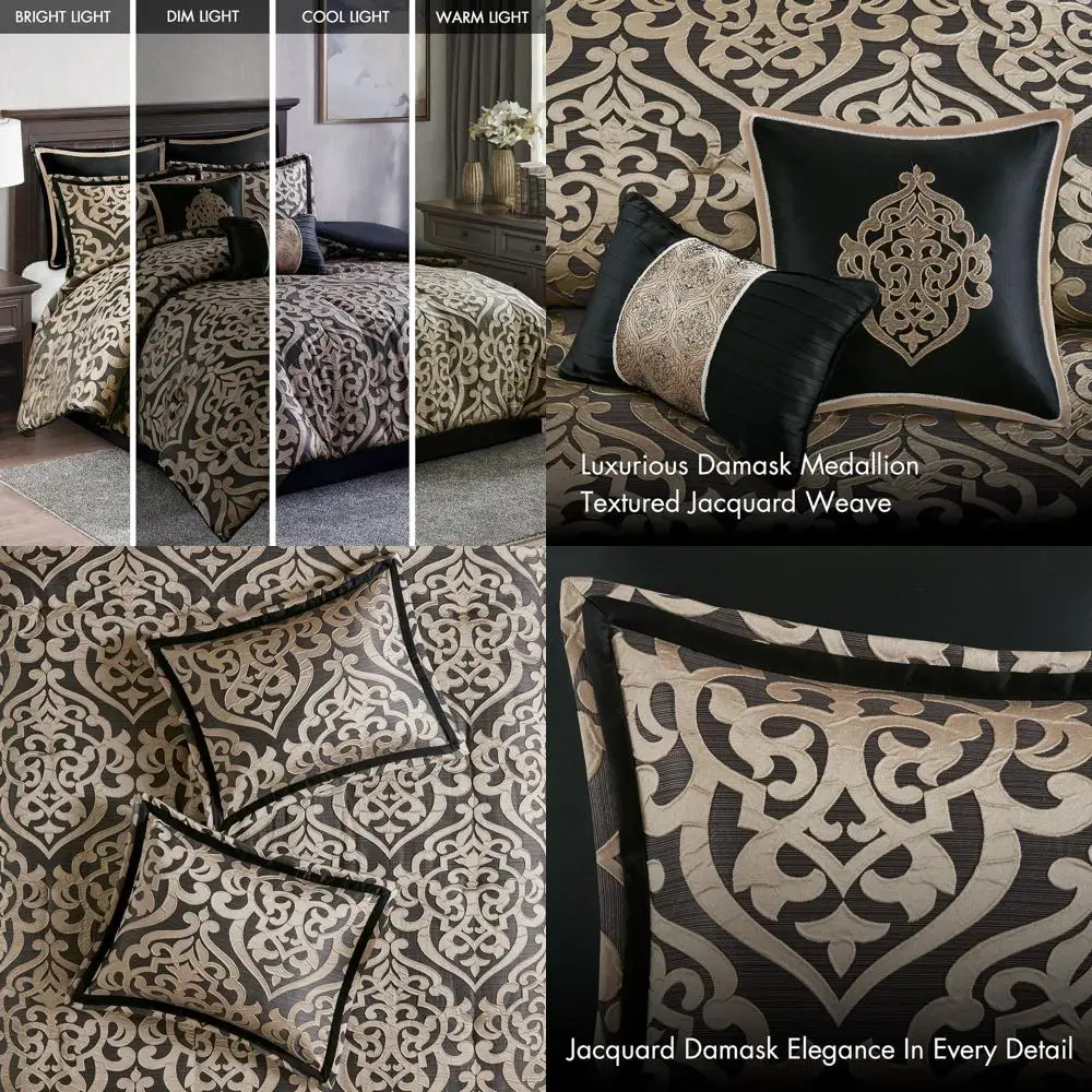 

Damask Medallion 8-Piece Queen Bedding Set with Oversized Comforter, Bed Skirt, Shams, and Decorative Pillows, Black, 90 x 90