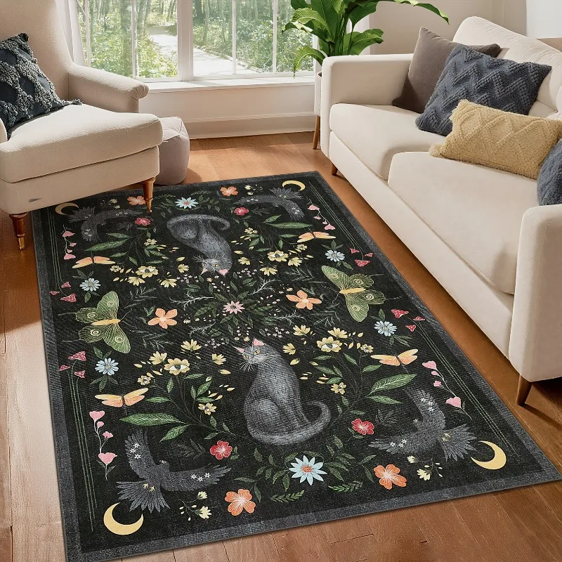 Mystical Gothic Cat Raven Moon Floral Print Anti Slip Floor Rug Soft Flannel Carpet for Living Room Bedroom Home Decor Area Mat