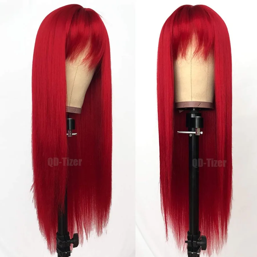 QDTizer Rote Farbe, lange, seidige, gerade Perücken mit Pony, synthetische Perücke ohne Spitze, für modische Frauen, hitzebeständig, natürlich aussehend