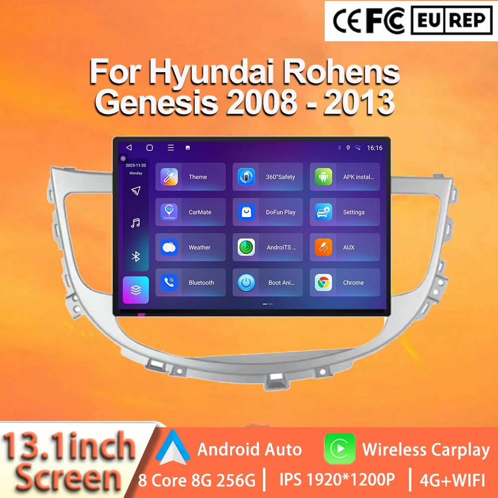 13.1'' Android 15 Car Radio For Hyundai Rohens Genesis 2008 2009 - 2013 Video Multimedia Player 4G WiFi Bluetooth DSP Autoradio