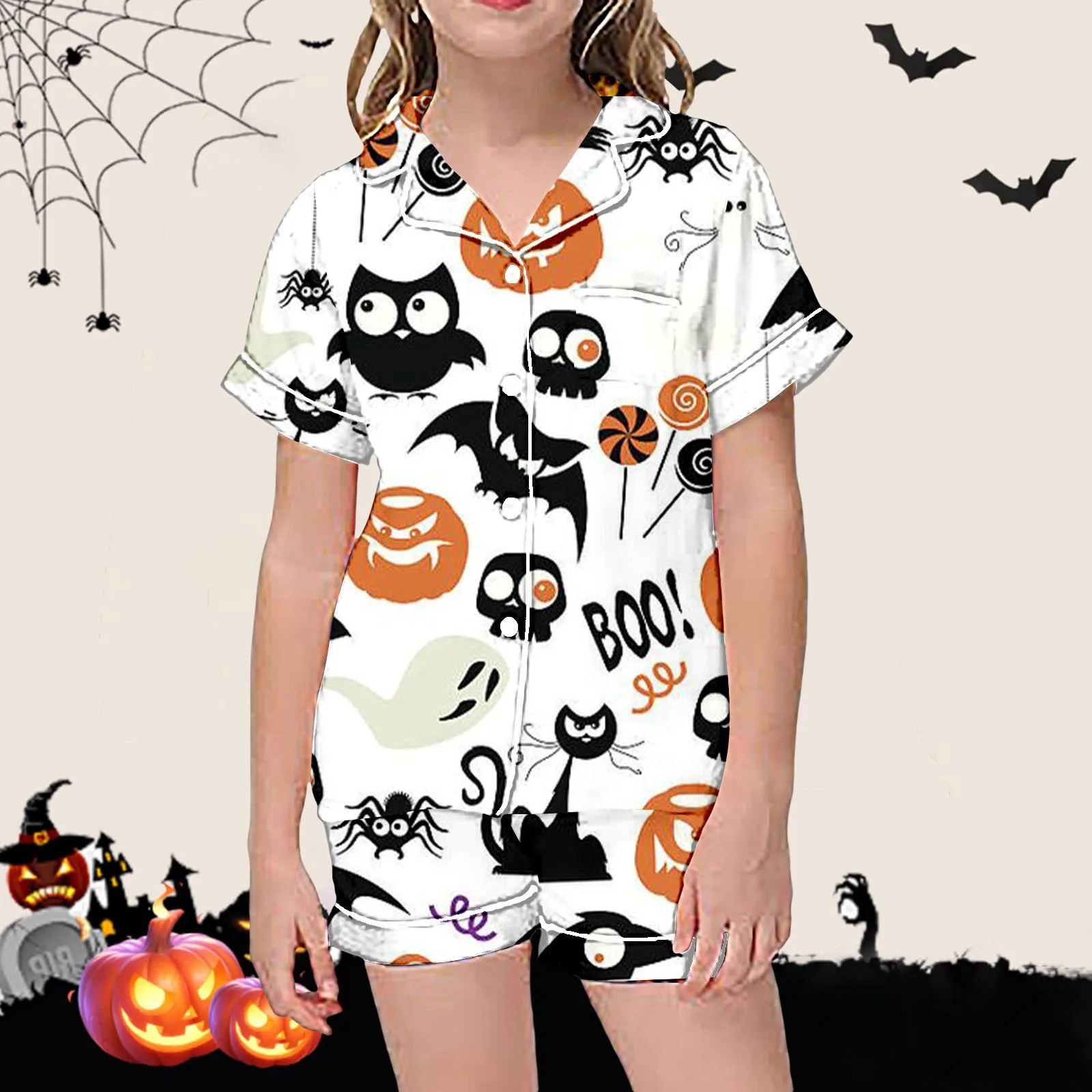 2pcs Comfortable Girl Sleepwear Women Halloween Satin Pajama Set Cartoon Ghost Print Short Sleeve Button Closure Top with Shorts