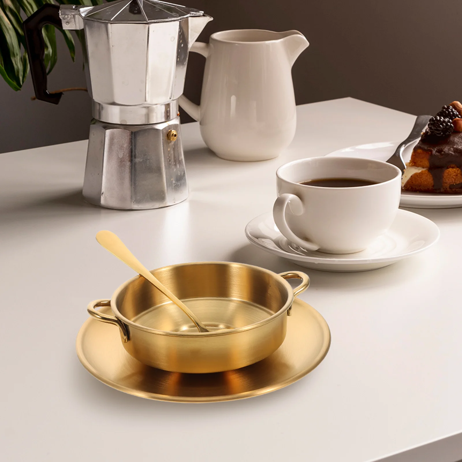 

1 Set Stainless Steel Dessert Bowl With Saucer Spoon Dual Handle Ice Cream Serving Bowl For Party Home Restaurant Snack Salad